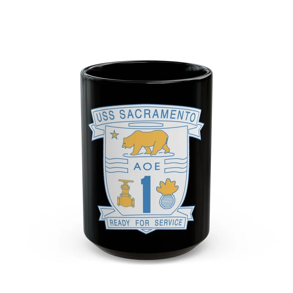 USS Sacramento Ready For Service (U.S. Navy) Black Coffee Mug-15oz-Go Mug Yourself