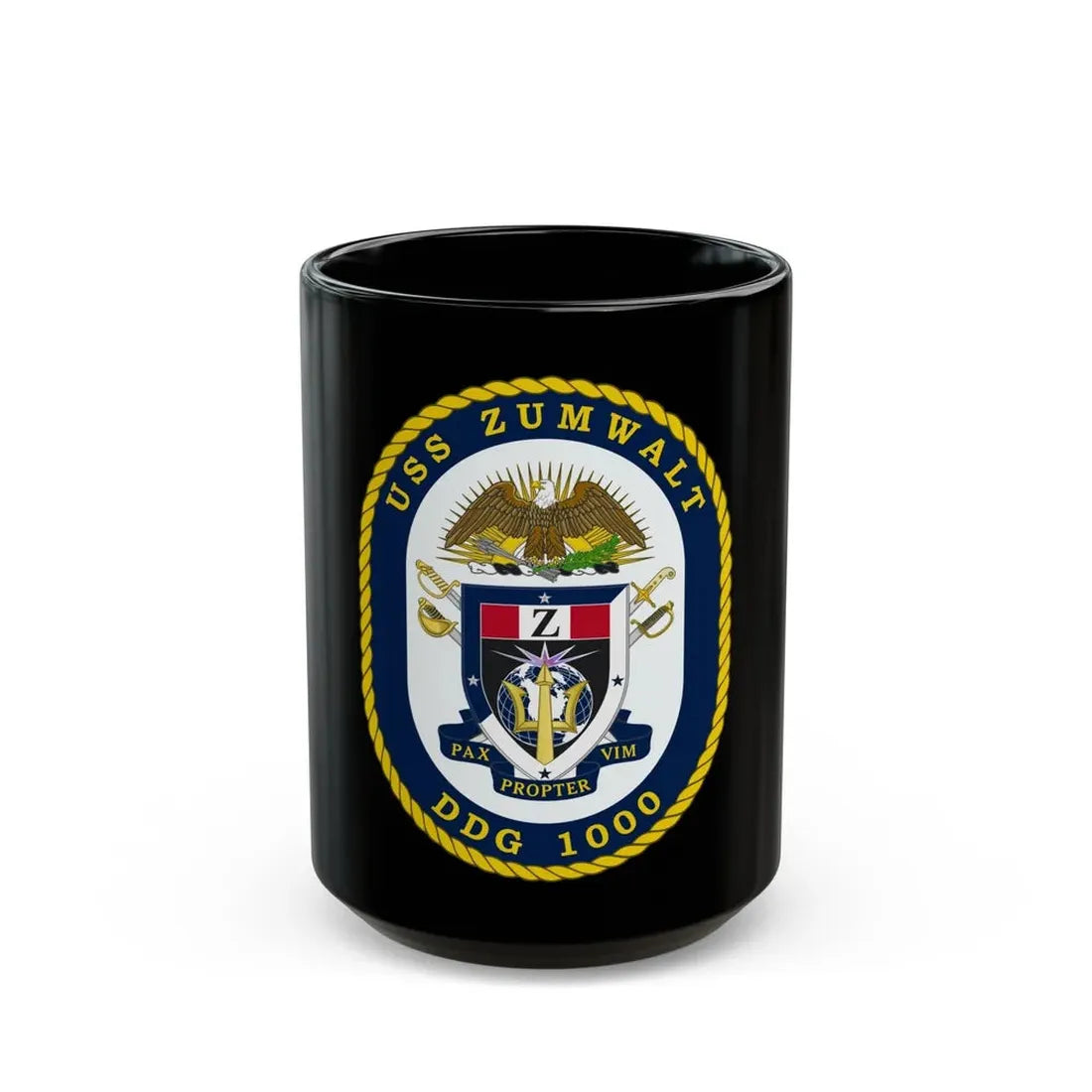 USS Zumwalt DDG 1000 Crest (U.S. Navy) Black Coffee Mug 15oz - Go Mug Yourself