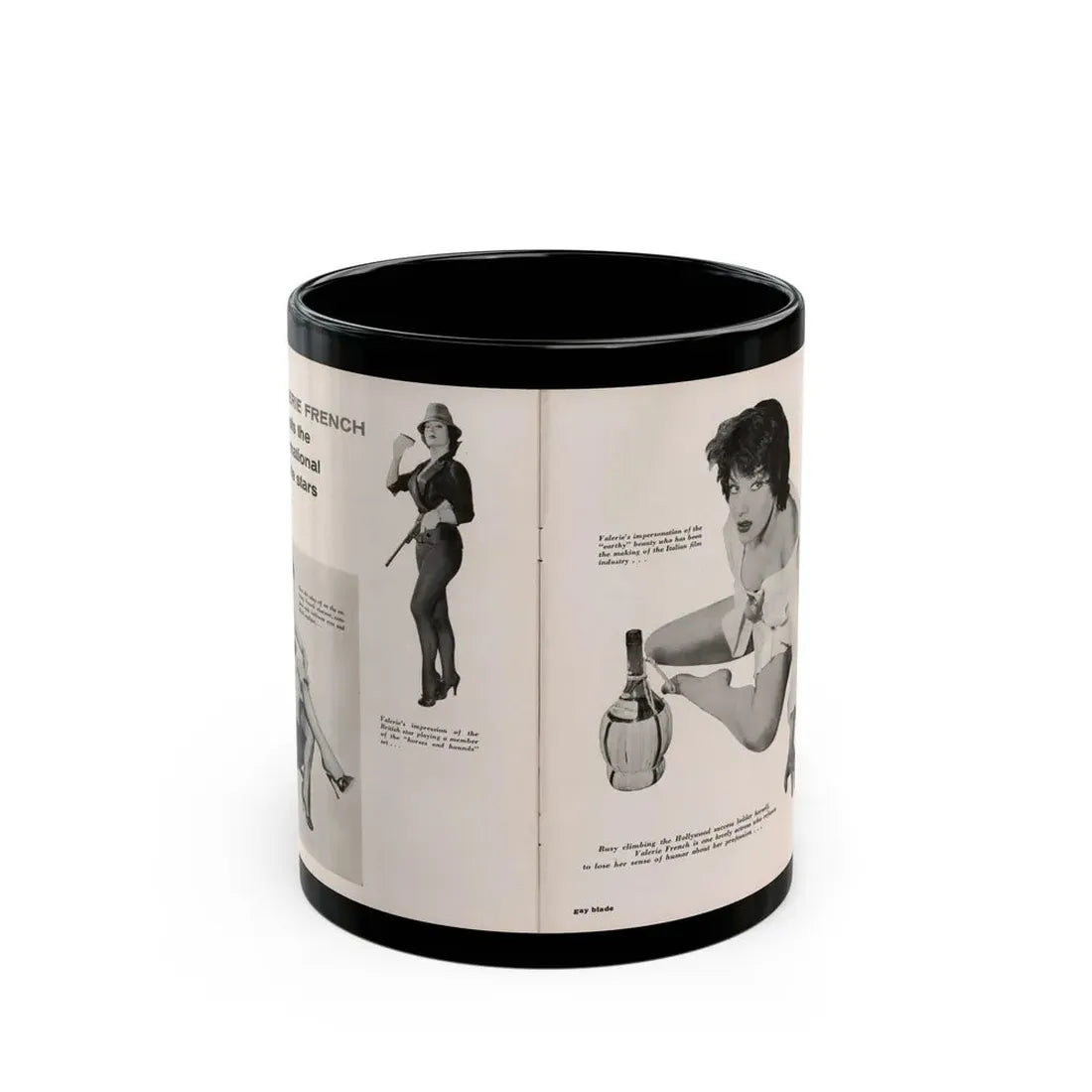 Valerie French #37 - [Pages 48 & 49] Pages 1 & 2 of 2 with, Valerie+3 B&W Photos & 3 Captions from Gay Blade Magazine Dec. '56 (Vintage Female Icon) Black Coffee Mug 11oz - Go Mug Yourself