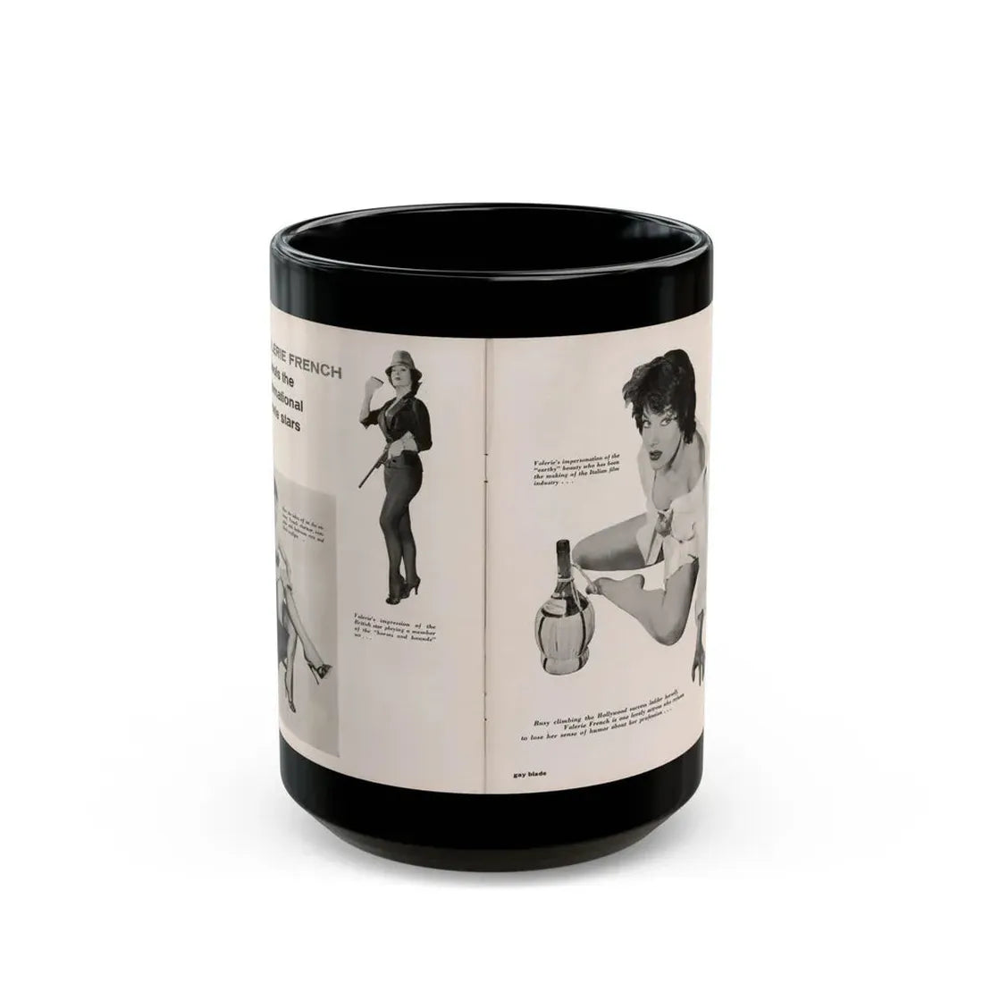 Valerie French #37 - [Pages 48 & 49] Pages 1 & 2 of 2 with, Valerie+3 B&W Photos & 3 Captions from Gay Blade Magazine Dec. '56 (Vintage Female Icon) Black Coffee Mug 15oz - Go Mug Yourself