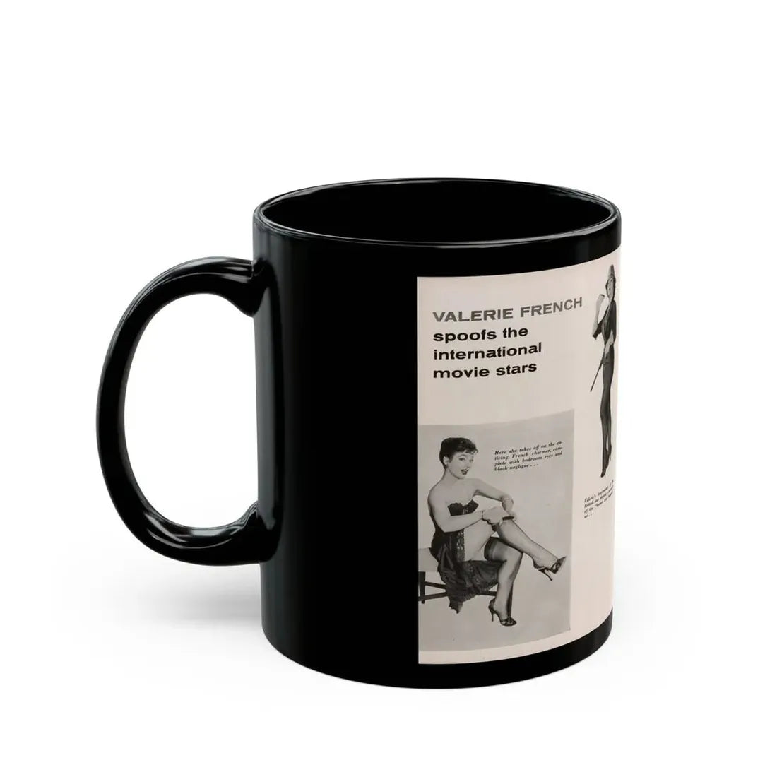 Valerie French #37 - [Pages 48 & 49] Pages 1 & 2 of 2 with, Valerie+3 B&W Photos & 3 Captions from Gay Blade Magazine Dec. '56 (Vintage Female Icon) Black Coffee Mug - Go Mug Yourself