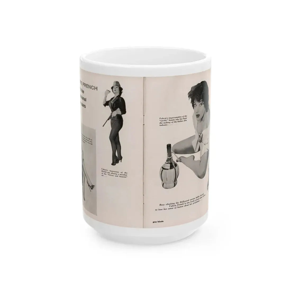 Valerie French #37 - [Pages 48 & 49] Pages 1 & 2 of 2 with, Valerie+3 B&W Photos & 3 Captions from Gay Blade Magazine Dec. '56 (Vintage Female Icon) White Coffee Mug 15oz - Go Mug Yourself