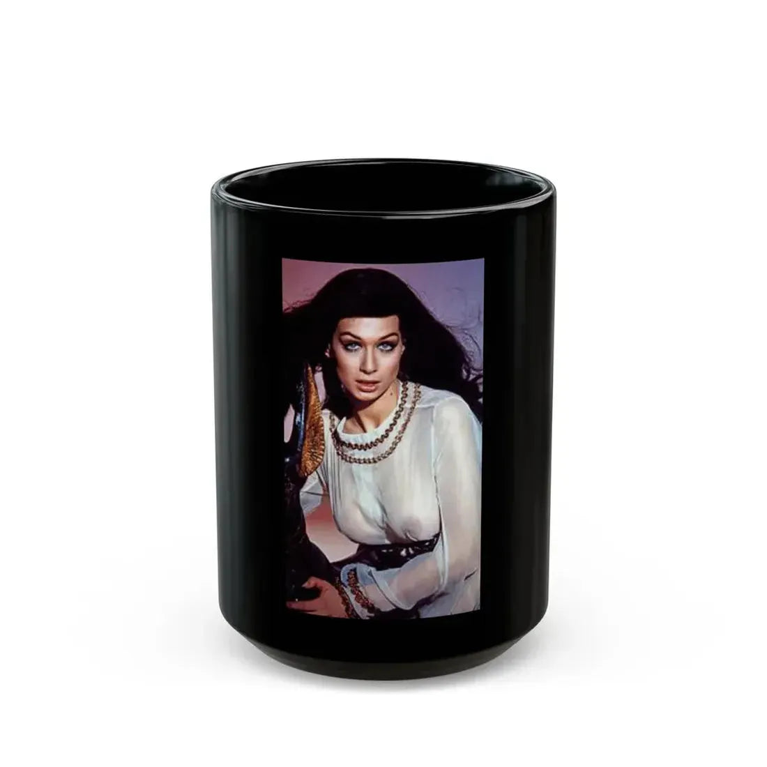 Valerie Leon #36 - See through top (Vintage Female Icon) Black Coffee Mug 15oz - Go Mug Yourself