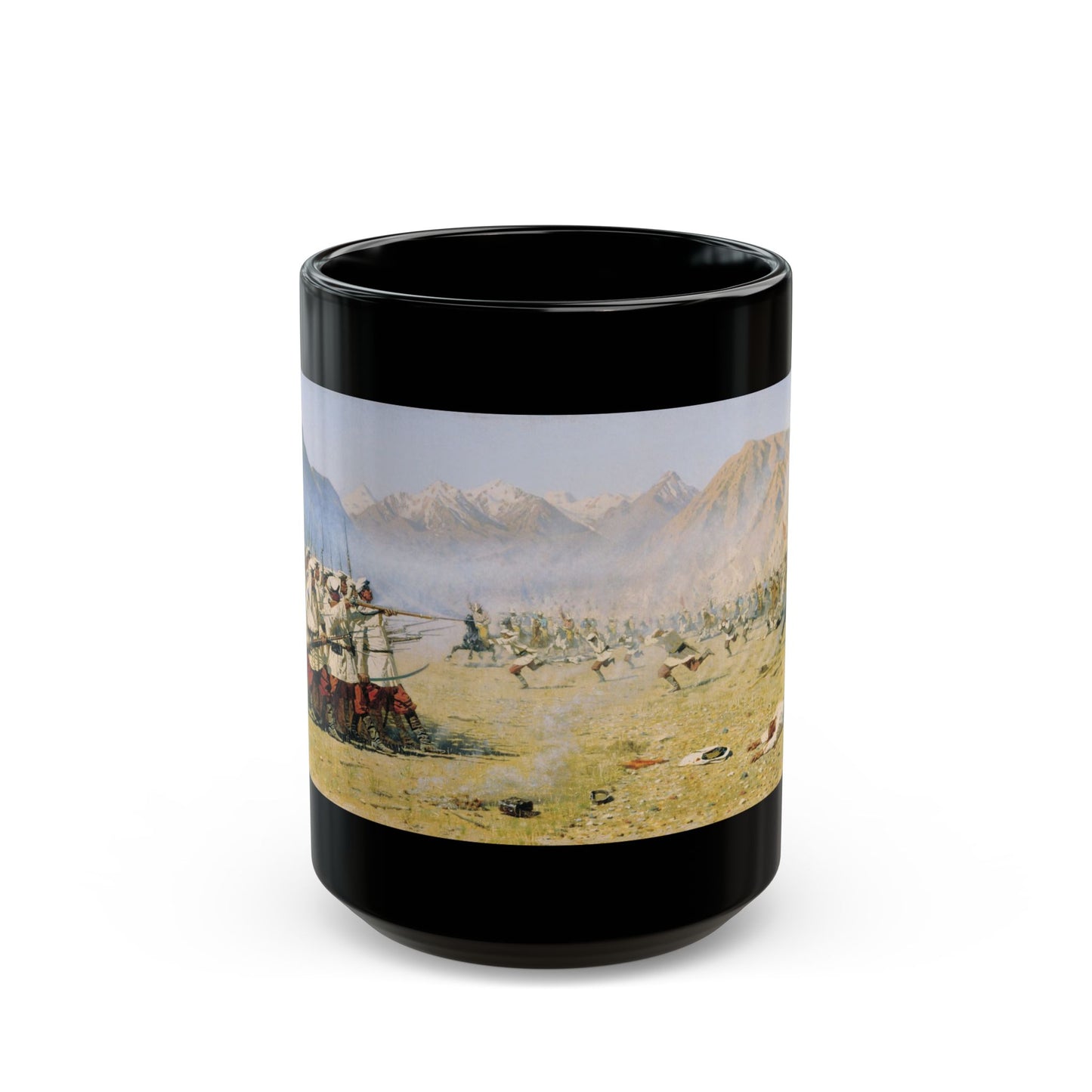 Vasily Vereshchagin (1842-1904) Surprise attack - 1871 - Black Coffee Mug-15oz-Go Mug Yourself