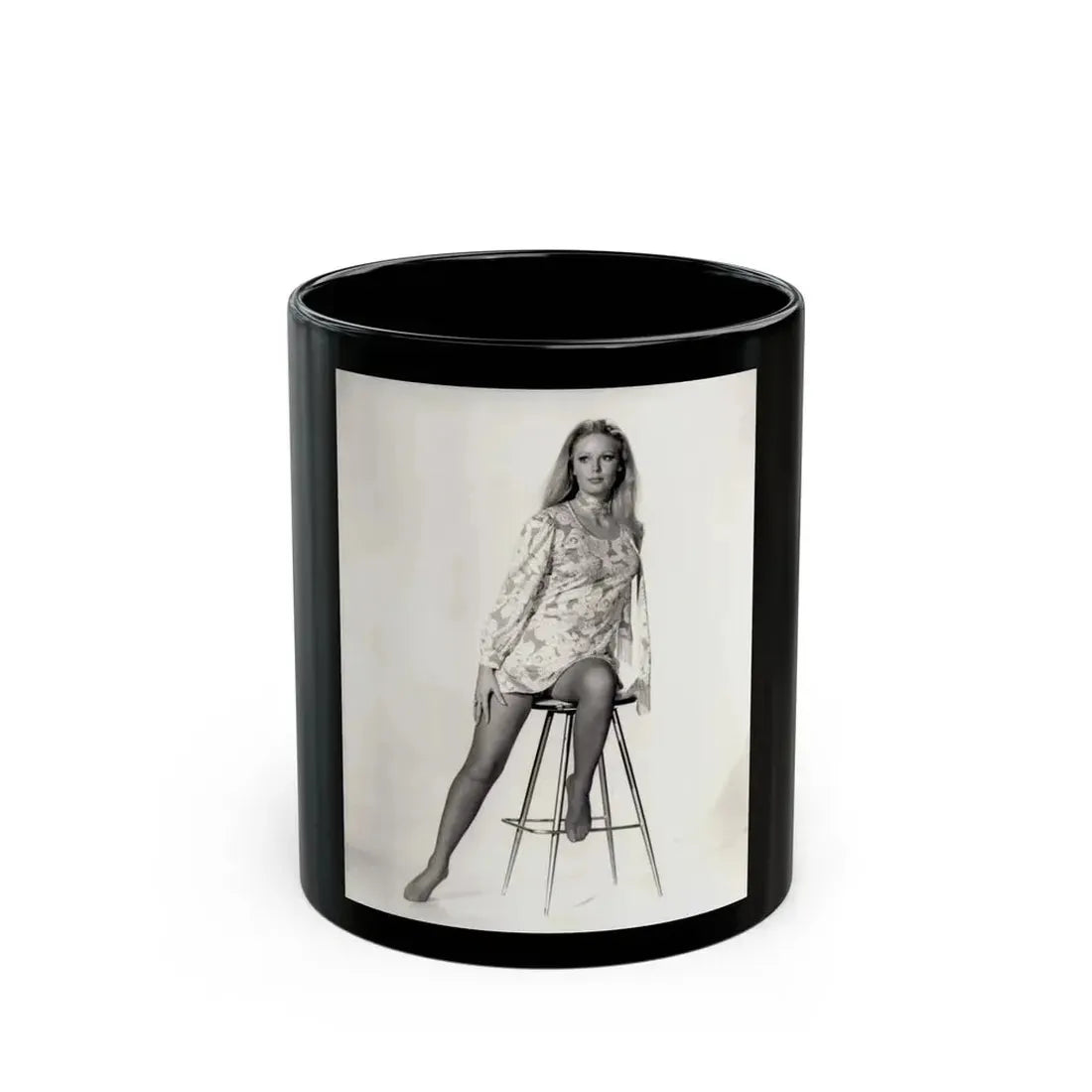 Veronica Carlson #09 - 8x10 B&W Glamour Full Body Dress & Stockings Shot #01 (Vintage Female Icon) Black Coffee Mug 11oz - Go Mug Yourself