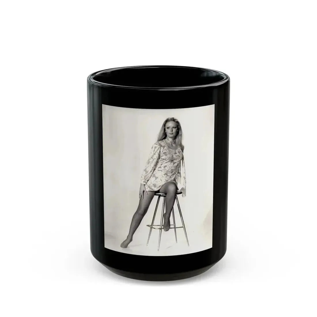 Veronica Carlson #09 - 8x10 B&W Glamour Full Body Dress & Stockings Shot #01 (Vintage Female Icon) Black Coffee Mug 15oz - Go Mug Yourself