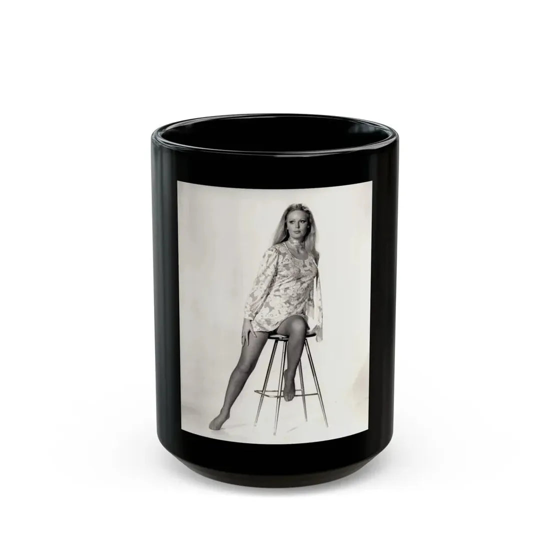 Veronica Carlson #09 - 8x10 B&W Glamour Full Body Dress & Stockings Shot #01 (Vintage Female Icon) Black Coffee Mug 15oz - Go Mug Yourself