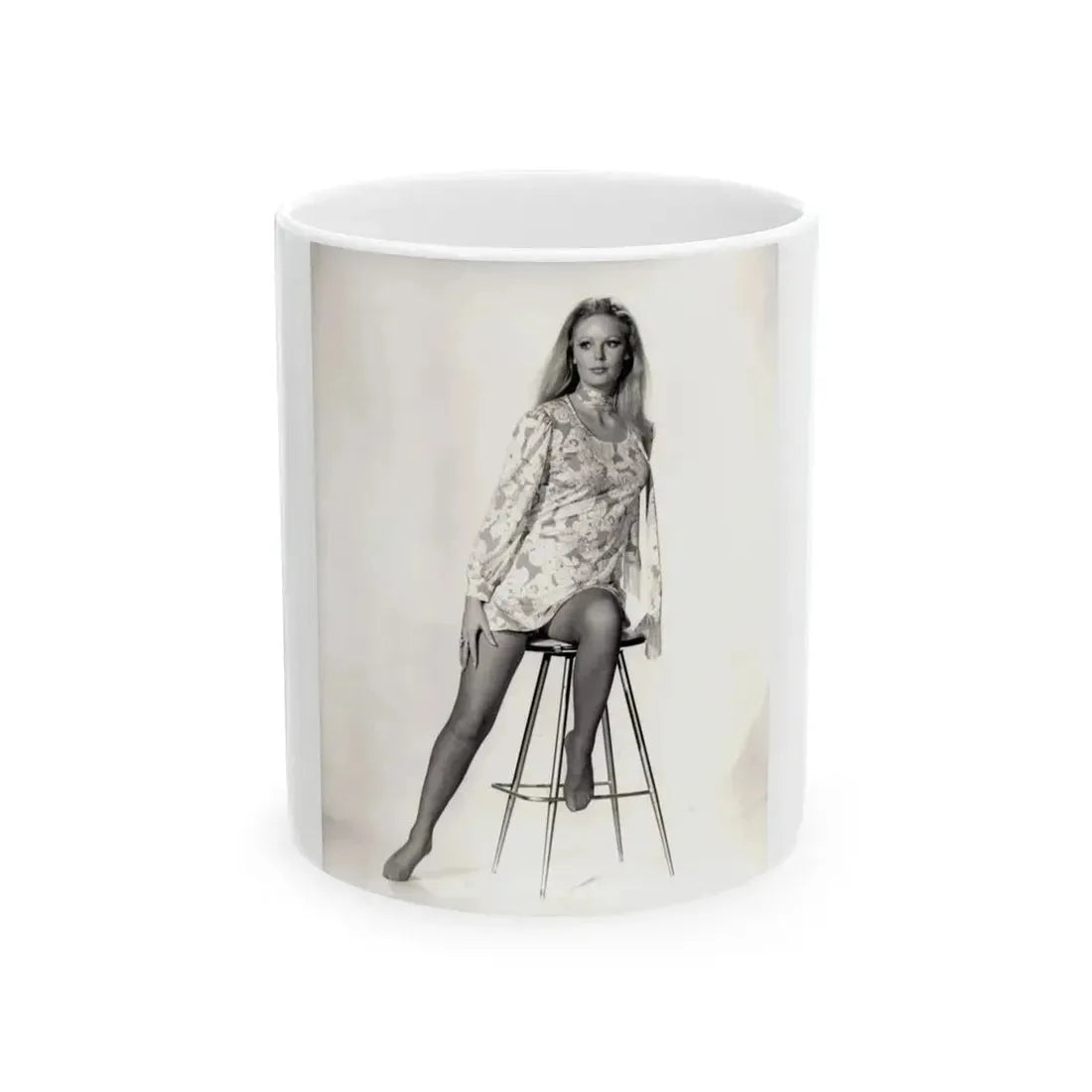 Veronica Carlson #09 - 8x10 B&W Glamour Full Body Dress & Stockings Shot #01 (Vintage Female Icon) White Coffee Mug 11oz - Go Mug Yourself