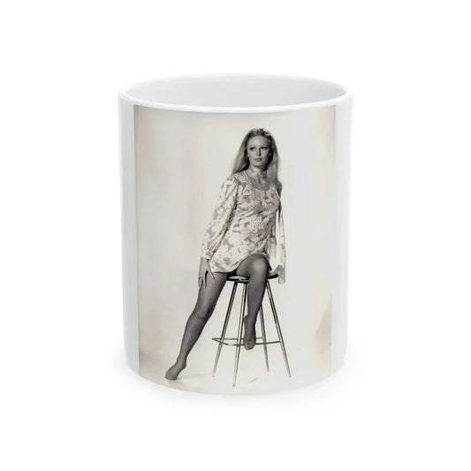Veronica Carlson #09 - 8x10 B&W Glamour Full Body Dress & Stockings Shot #01 (Vintage Female Icon) White Coffee Mug 11oz - Go Mug Yourself