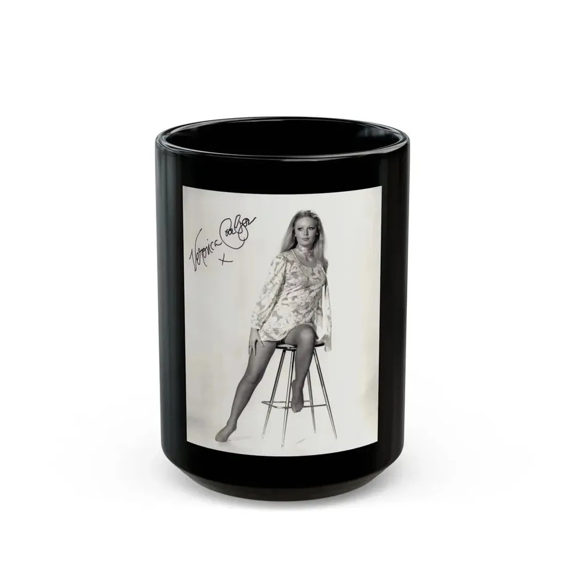 Veronica Carlson #09 - 8x10 B&W Glamour Full Body Dress & Stockings Shot #011 (Vintage Female Icon) Black Coffee Mug 15oz - Go Mug Yourself