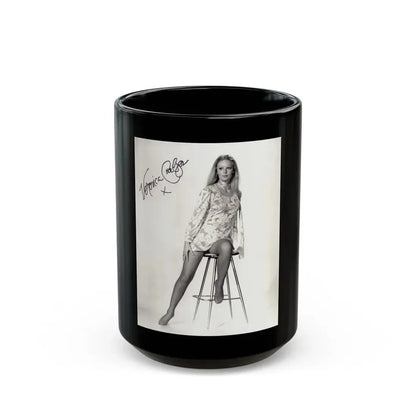 Veronica Carlson #09 - 8x10 B&W Glamour Full Body Dress & Stockings Shot #011 (Vintage Female Icon) Black Coffee Mug 15oz - Go Mug Yourself