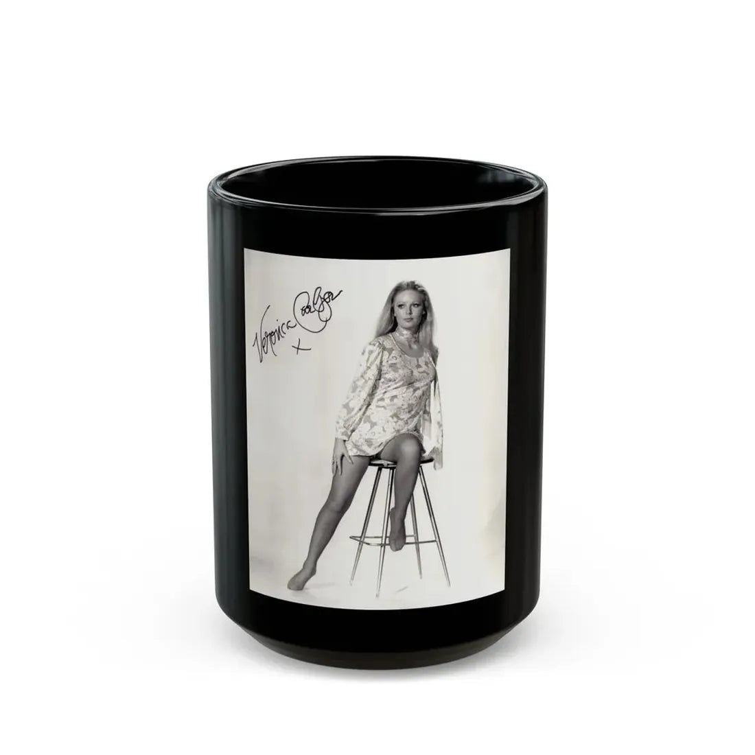 Veronica Carlson #09 - 8x10 B&W Glamour Full Body Dress & Stockings Shot #011 (Vintage Female Icon) Black Coffee Mug 15oz - Go Mug Yourself