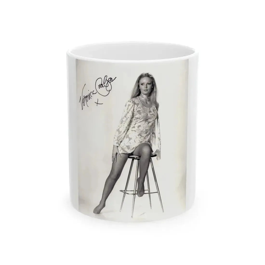 Veronica Carlson #09 - 8x10 B&W Glamour Full Body Dress & Stockings Shot #011 (Vintage Female Icon) White Coffee Mug 11oz - Go Mug Yourself