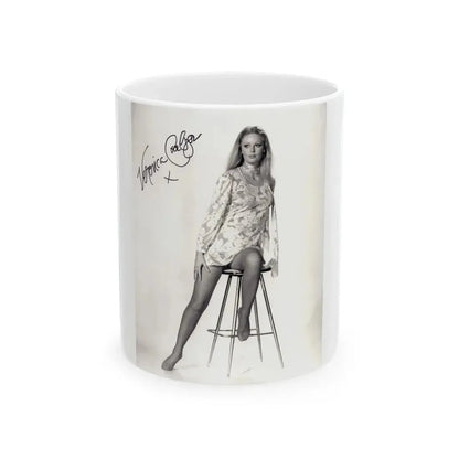 Veronica Carlson #09 - 8x10 B&W Glamour Full Body Dress & Stockings Shot #011 (Vintage Female Icon) White Coffee Mug 11oz - Go Mug Yourself