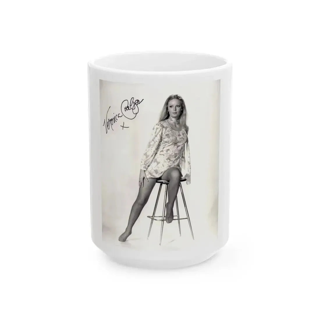 Veronica Carlson #09 - 8x10 B&W Glamour Full Body Dress & Stockings Shot #011 (Vintage Female Icon) White Coffee Mug 15oz - Go Mug Yourself