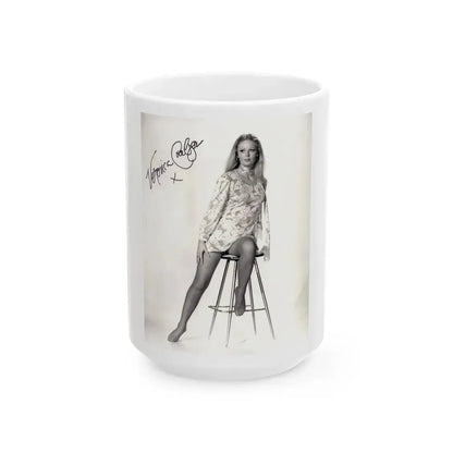 Veronica Carlson #09 - 8x10 B&W Glamour Full Body Dress & Stockings Shot #011 (Vintage Female Icon) White Coffee Mug 15oz - Go Mug Yourself