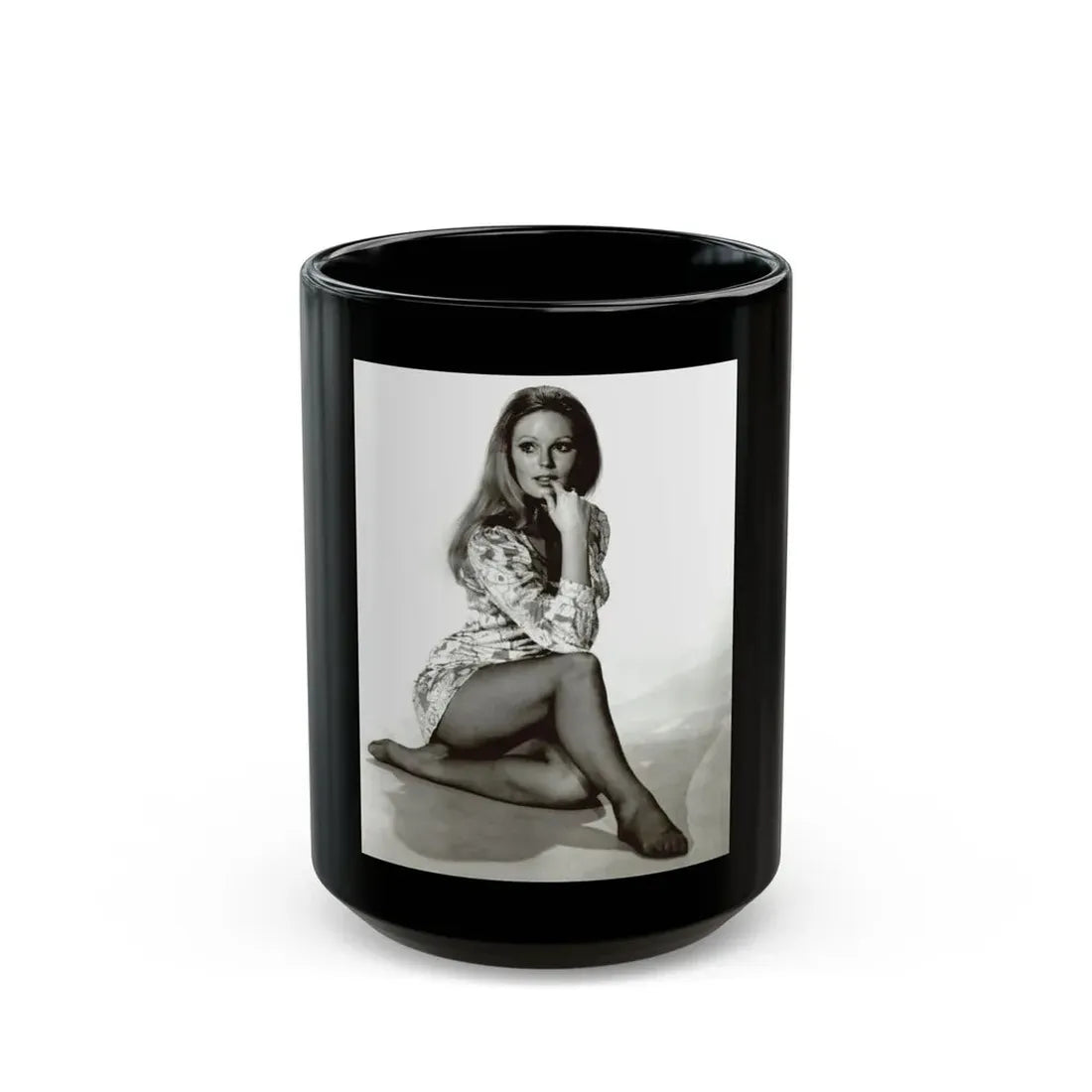 Veronica Carlson #10 - 8x10 B&W Glamour Full Body Dress & Stockings Shot #02 (Vintage Female Icon) Black Coffee Mug 15oz - Go Mug Yourself