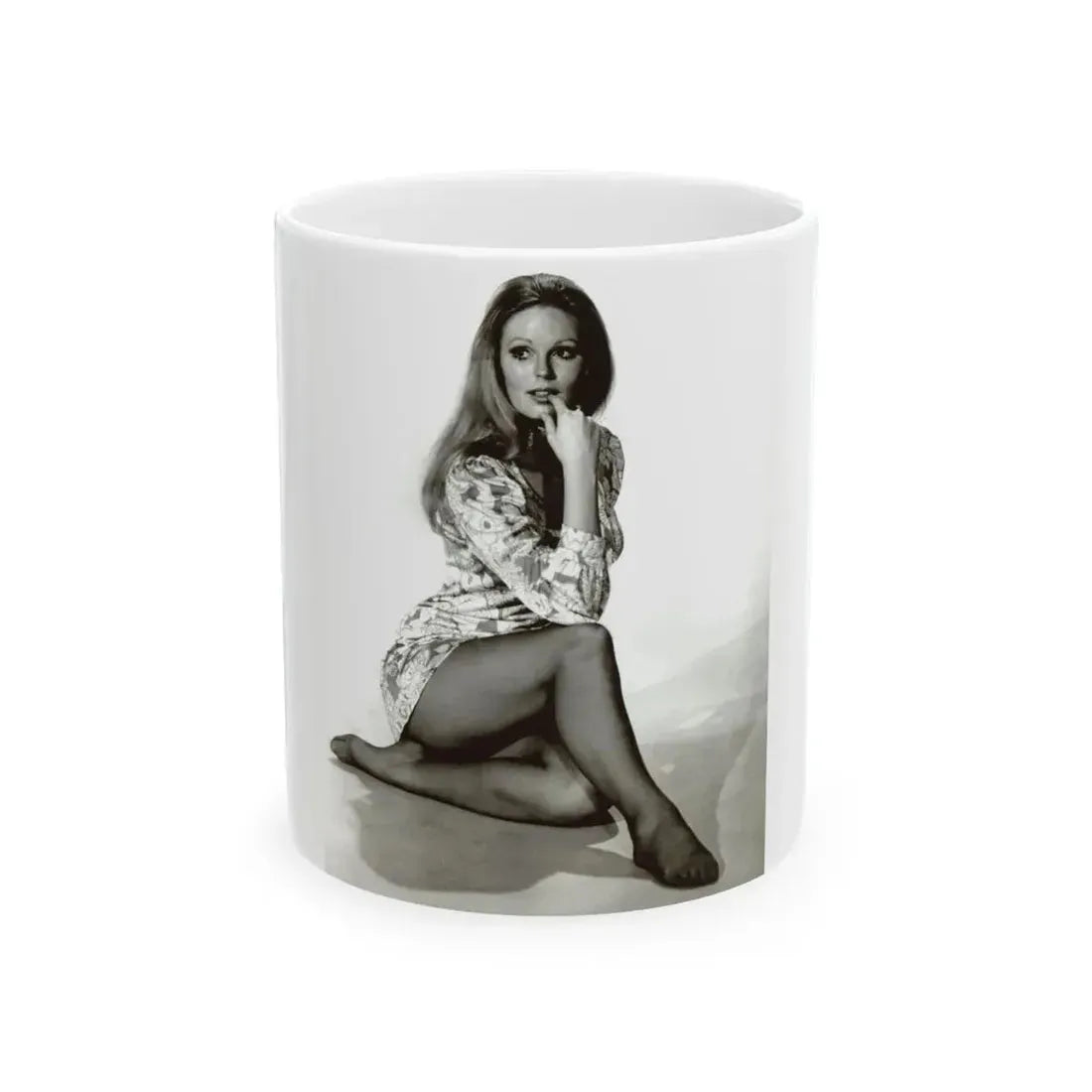 Veronica Carlson #10 - 8x10 B&W Glamour Full Body Dress & Stockings Shot #02 (Vintage Female Icon) White Coffee Mug 11oz - Go Mug Yourself