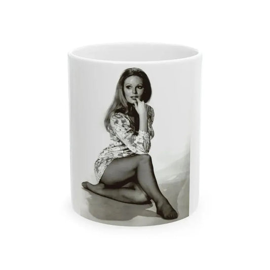 Veronica Carlson #10 - 8x10 B&W Glamour Full Body Dress & Stockings Shot #02 (Vintage Female Icon) White Coffee Mug 11oz - Go Mug Yourself