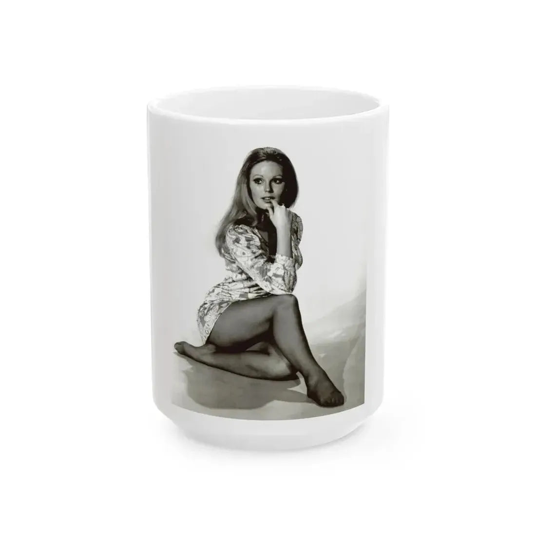 Veronica Carlson #10 - 8x10 B&W Glamour Full Body Dress & Stockings Shot #02 (Vintage Female Icon) White Coffee Mug 15oz - Go Mug Yourself