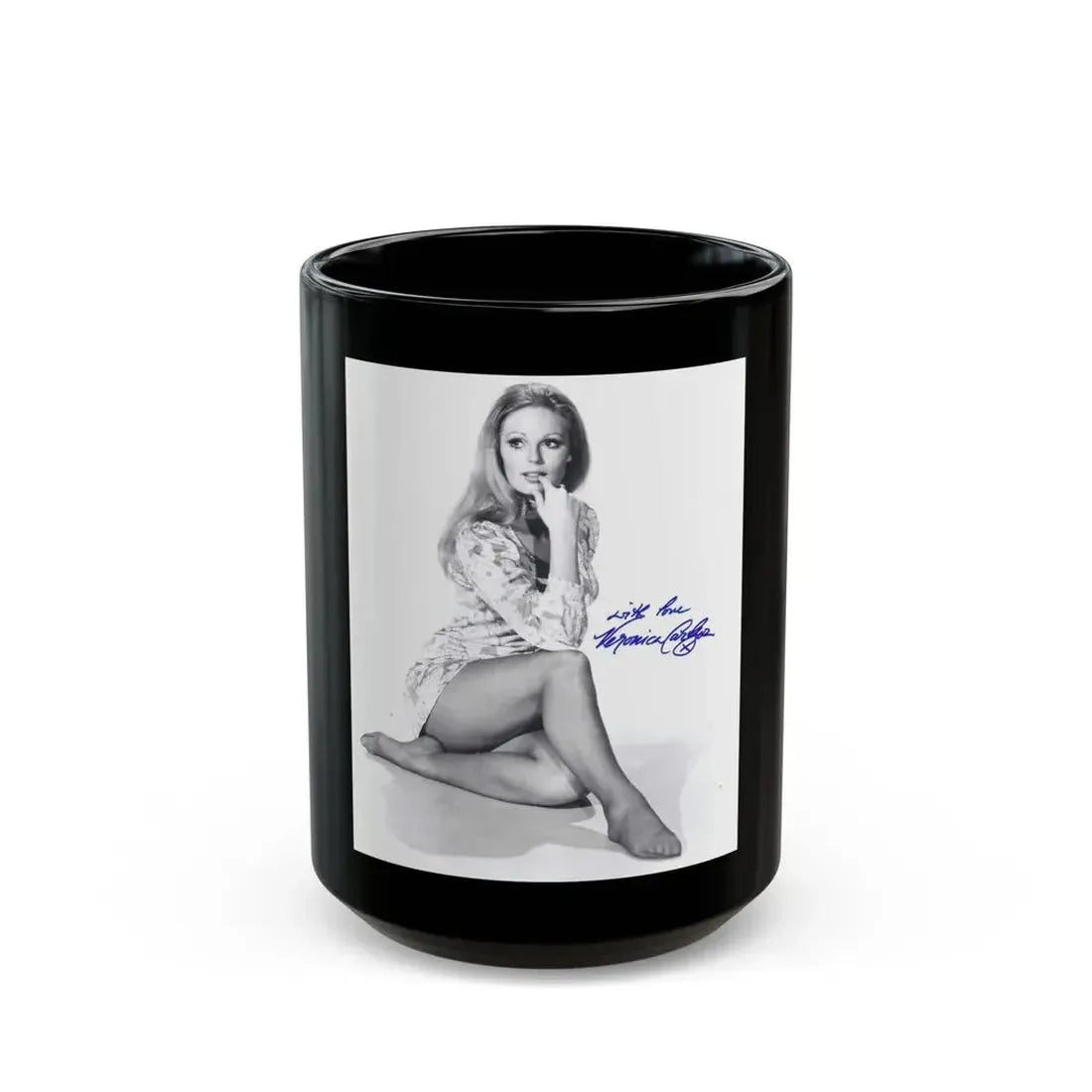 Veronica Carlson #10 - 8x10 B&W Glamour Full Body Dress & Stockings Shot #021 (Vintage Female Icon) Black Coffee Mug 15oz - Go Mug Yourself