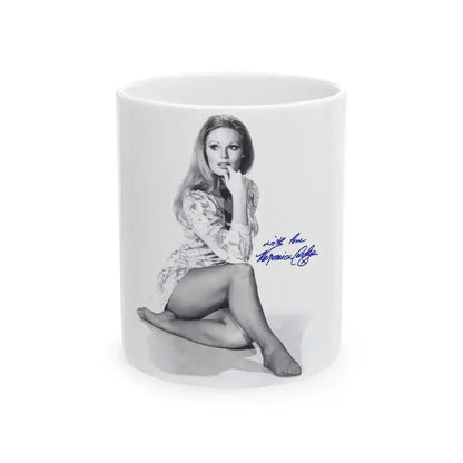 Veronica Carlson #10 - 8x10 B&W Glamour Full Body Dress & Stockings Shot #021 (Vintage Female Icon) White Coffee Mug 11oz - Go Mug Yourself