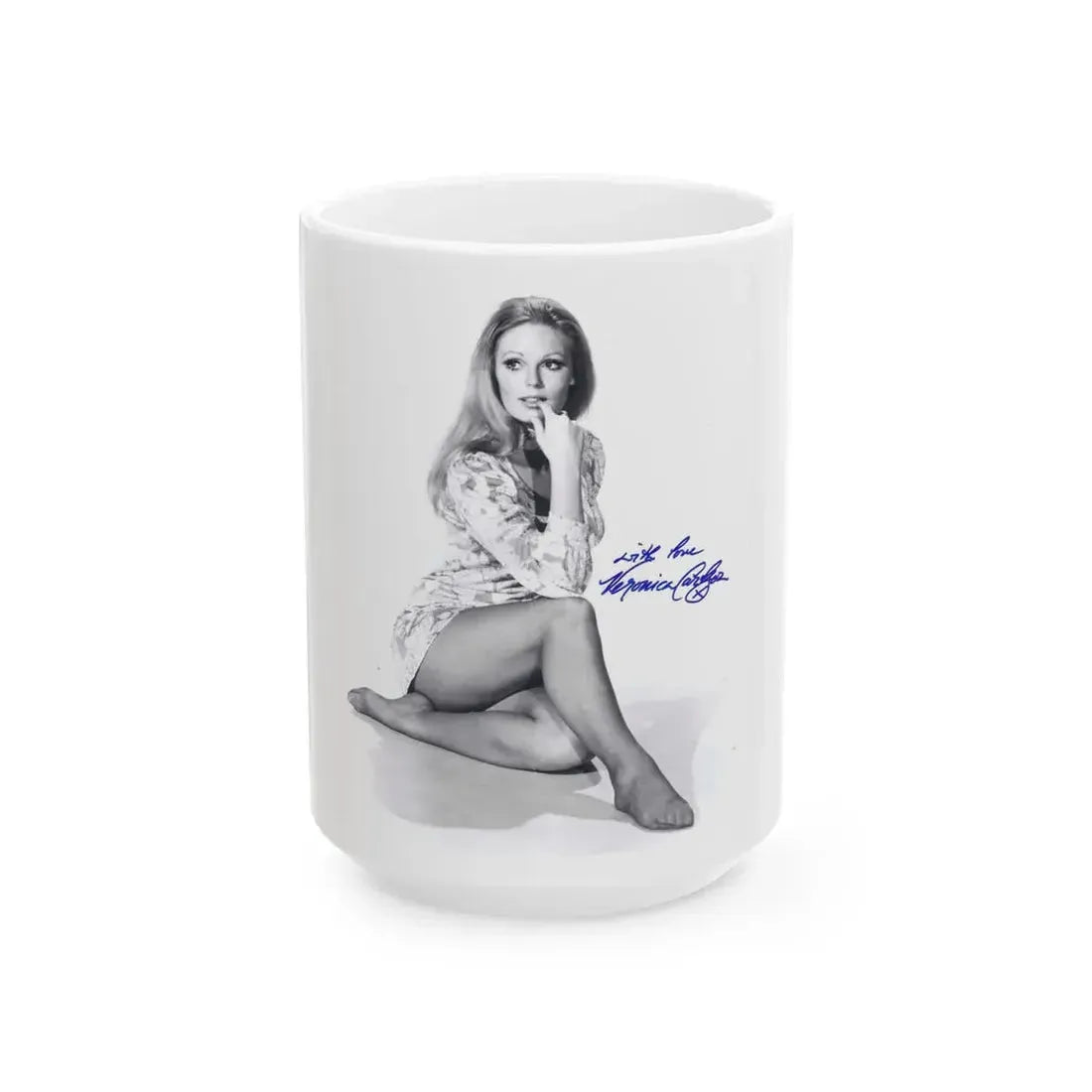 Veronica Carlson #10 - 8x10 B&W Glamour Full Body Dress & Stockings Shot #021 (Vintage Female Icon) White Coffee Mug 15oz - Go Mug Yourself