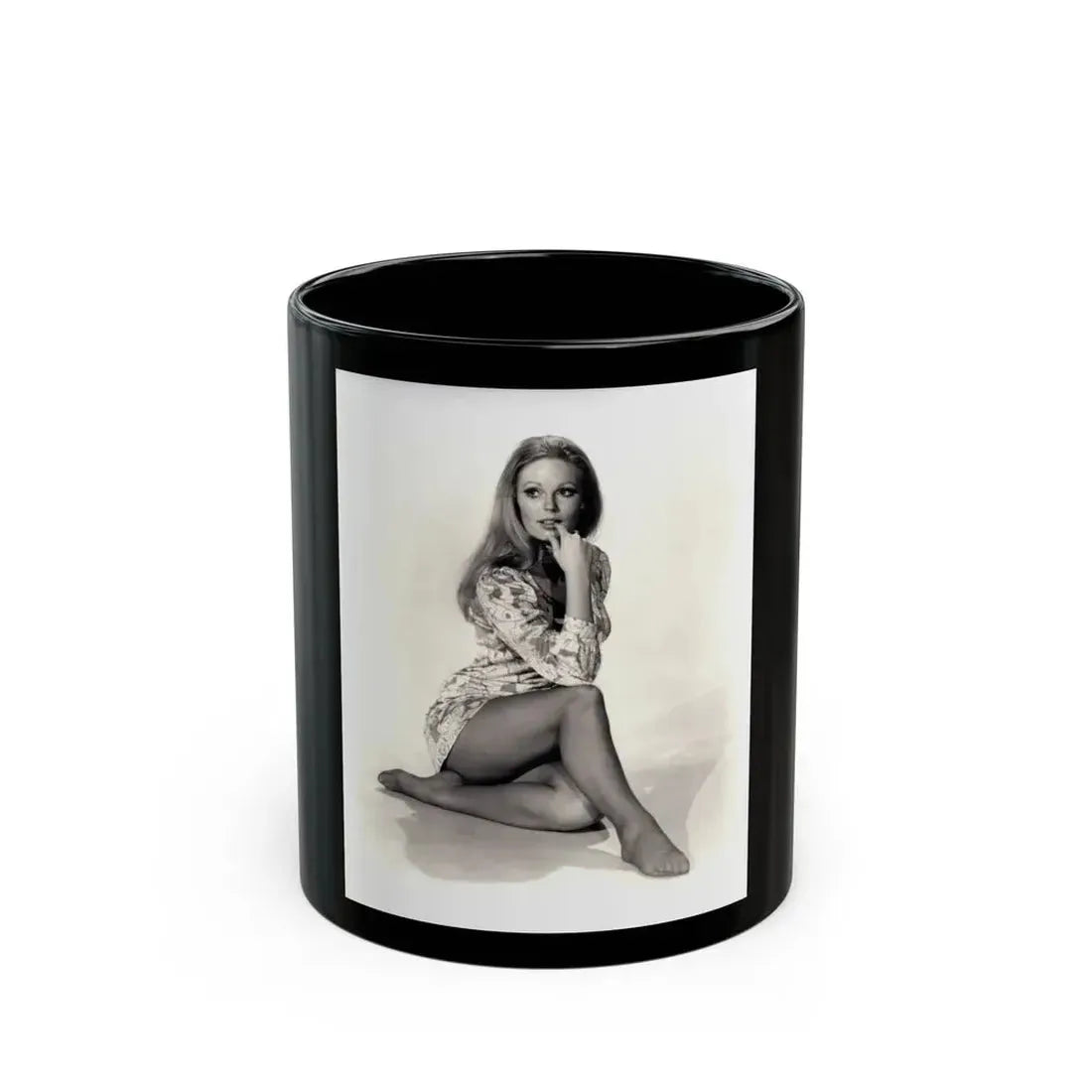 Veronica Carlson #10 - 8x10 B&W Glamour Full Body Dress & Stockings Shot #022 (Vintage Female Icon) Black Coffee Mug 11oz - Go Mug Yourself