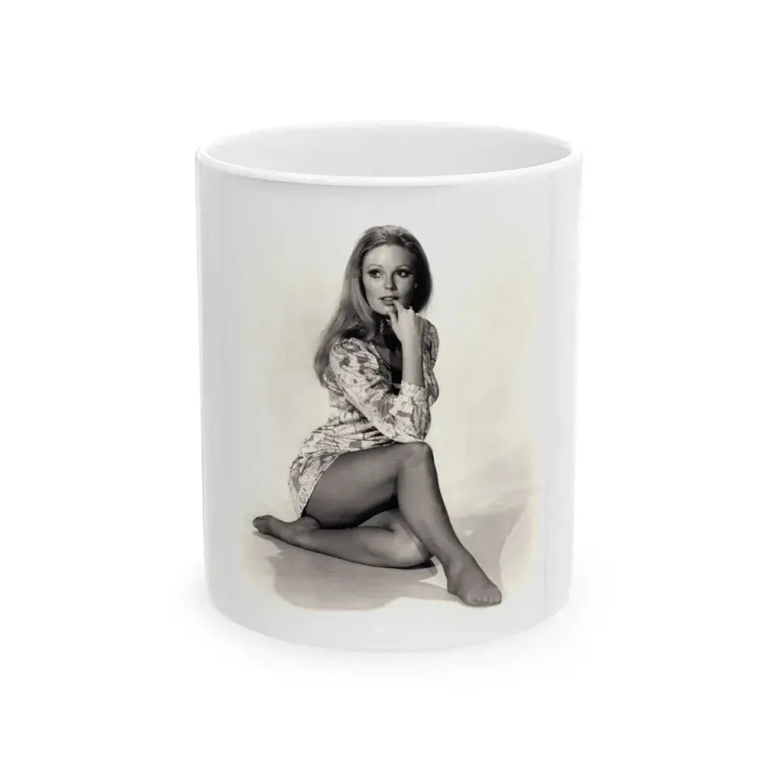 Veronica Carlson #10 - 8x10 B&W Glamour Full Body Dress & Stockings Shot #022 (Vintage Female Icon) White Coffee Mug 11oz - Go Mug Yourself