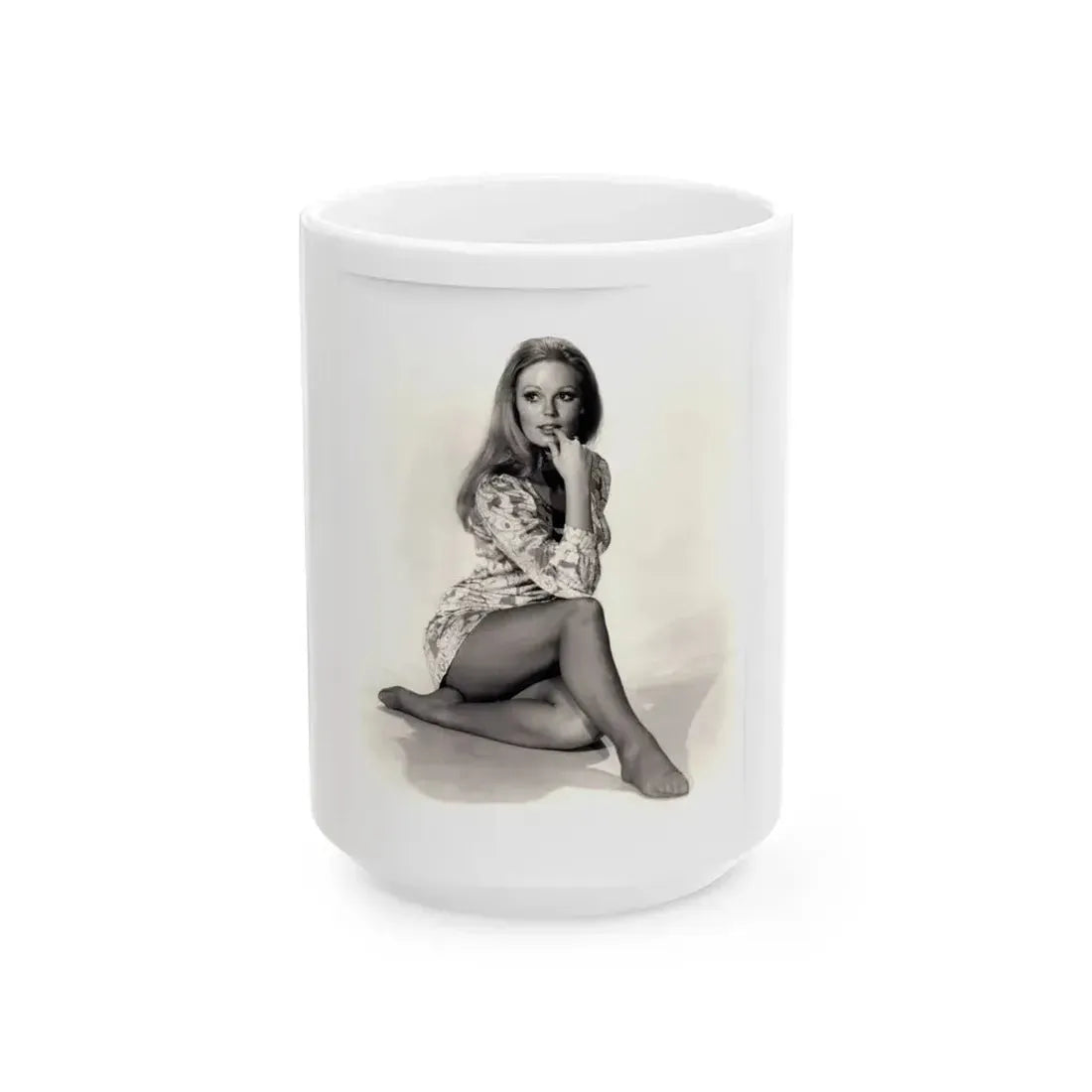 Veronica Carlson #10 - 8x10 B&W Glamour Full Body Dress & Stockings Shot #022 (Vintage Female Icon) White Coffee Mug 15oz - Go Mug Yourself