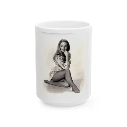Veronica Carlson #10 - 8x10 B&W Glamour Full Body Dress & Stockings Shot #022 (Vintage Female Icon) White Coffee Mug 15oz - Go Mug Yourself