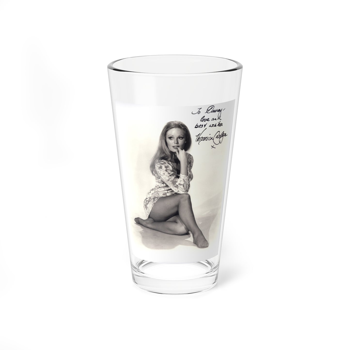 Veronica Carlson #10 - 8x10 B&W Glamour Full Body Dress & Stockings Shot #023 (Vintage Female Icon) Pint Glass 16oz-16oz-Go Mug Yourself