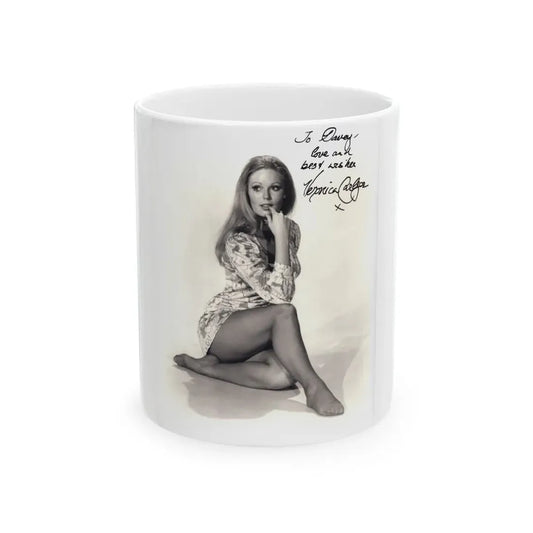 Veronica Carlson #10 - 8x10 B&W Glamour Full Body Dress & Stockings Shot #023 (Vintage Female Icon) White Coffee Mug 11oz - Go Mug Yourself