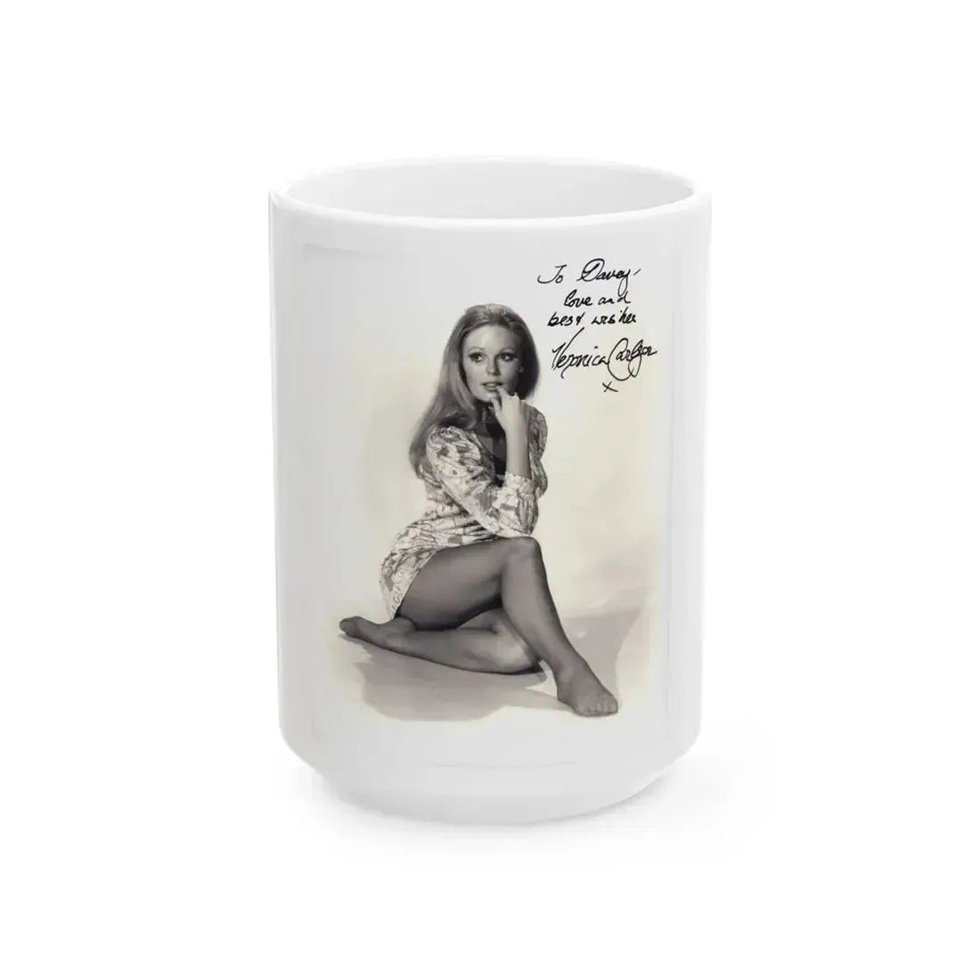 Veronica Carlson #10 - 8x10 B&W Glamour Full Body Dress & Stockings Shot #023 (Vintage Female Icon) White Coffee Mug 15oz - Go Mug Yourself