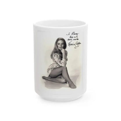 Veronica Carlson #10 - 8x10 B&W Glamour Full Body Dress & Stockings Shot #023 (Vintage Female Icon) White Coffee Mug 15oz - Go Mug Yourself