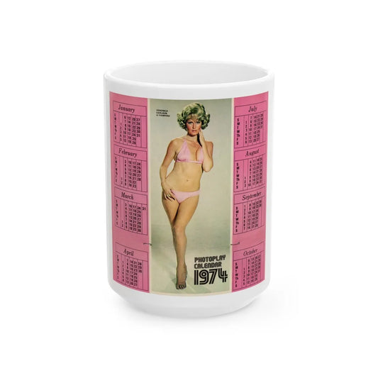 Veronica Carlson #132 - Vintage 17x11 Color Pink Bikini Full Body Cheesecake Photoplay Centerfold Magazine Calender 1974 (Vintage Female Icon) White Coffee Mug-15oz-Go Mug Yourself