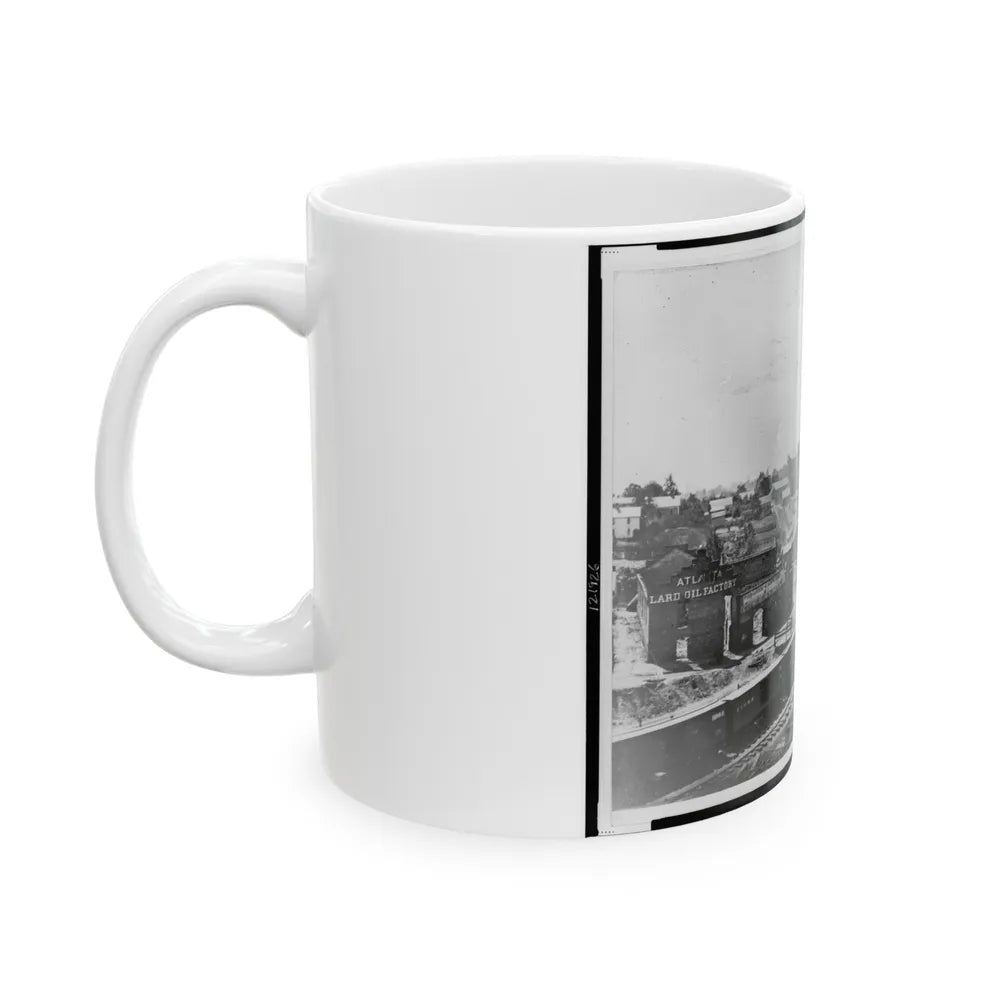 View Of Atlanta, Georgia, With Railroad Cars In Left Foreground (U.S. Civil War) White Coffee Mug-Go Mug Yourself