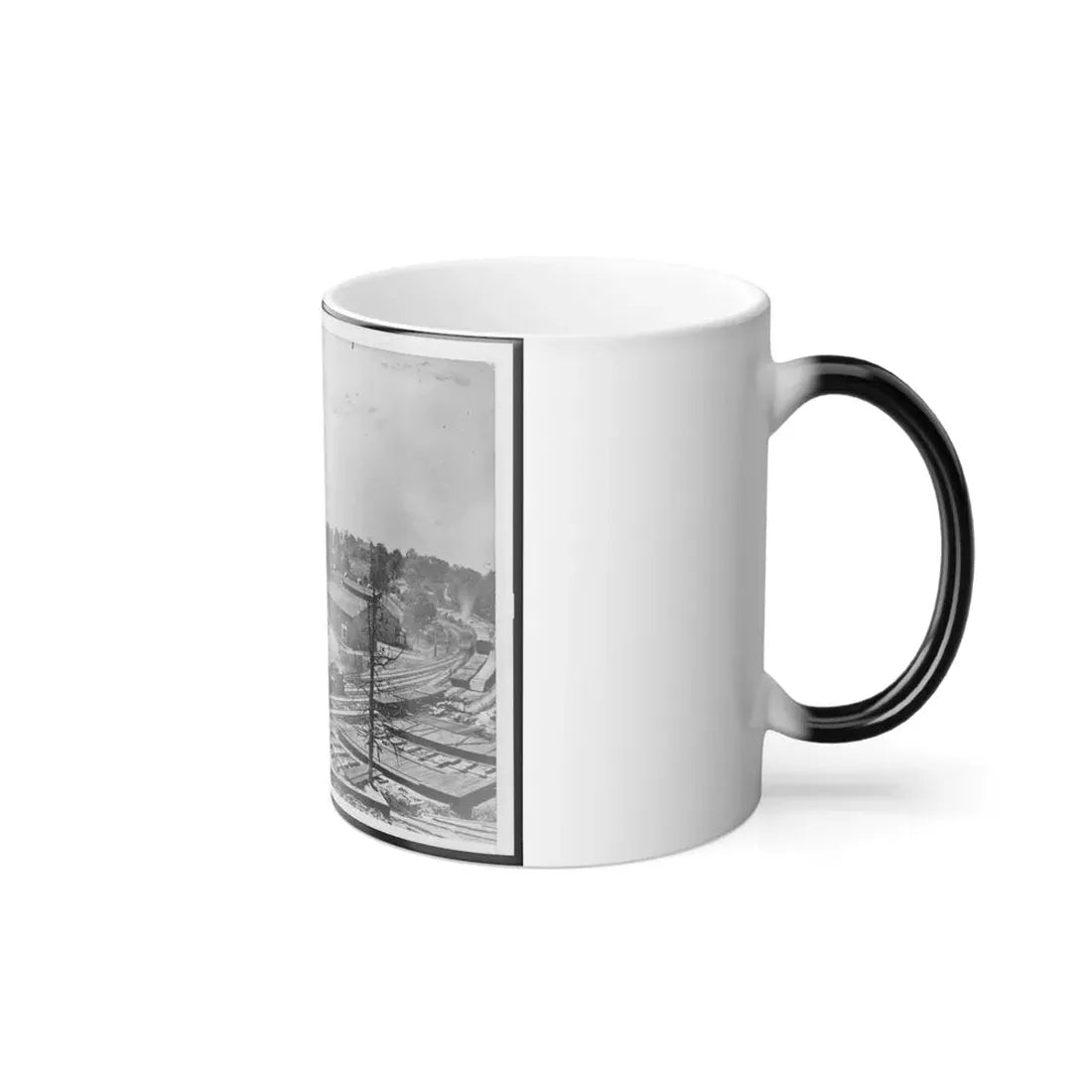 View of Atlanta, Georgia, With Railroad Cars in Left Foreground (U.S. Civil War) Color Changing Coffee Mug 11oz - Go Mug Yourself