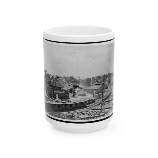 View Of Atlanta, Georgia, With Railroad Cars In Left Foreground (U.S. Civil War) White Coffee Mug 15oz - Go Mug Yourself