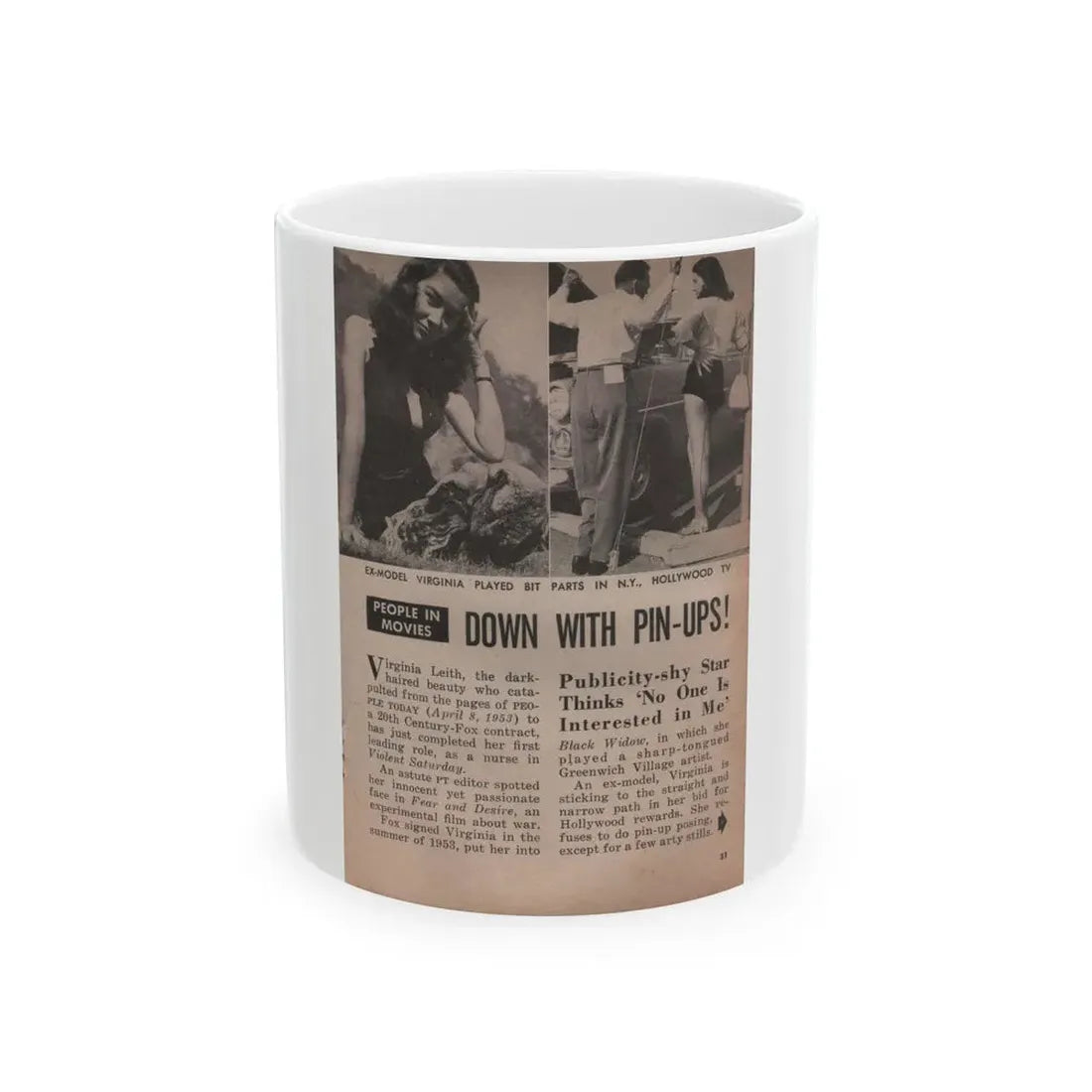 Virginia Leith #43 - People Today Pocket Mag. 2-23-55 - 2 Small B&W Photos+Caption & Article (Vintage Female Icon) White Coffee Mug 11oz - Go Mug Yourself