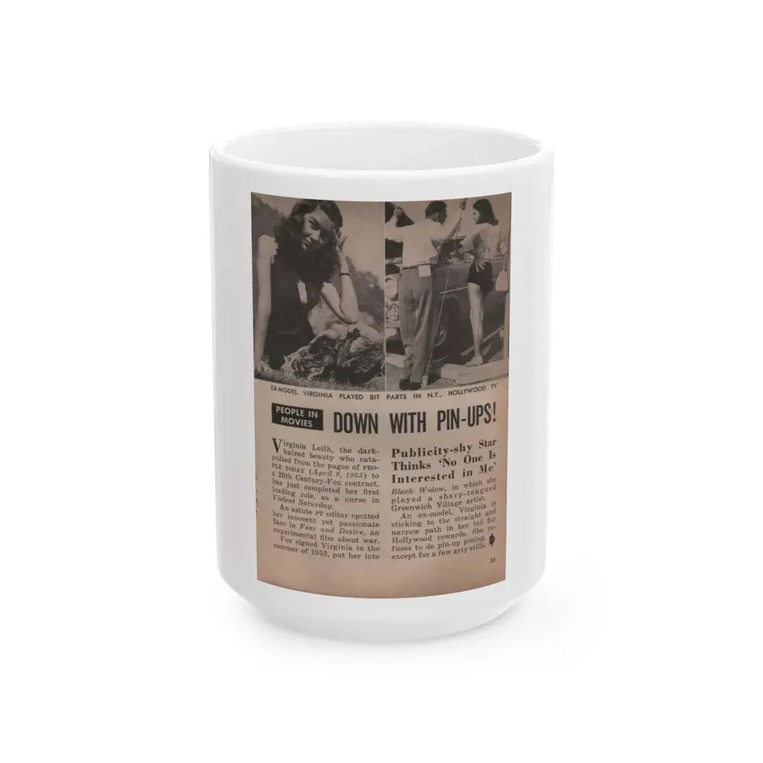 Virginia Leith #43 - People Today Pocket Mag. 2-23-55 - 2 Small B&W Photos+Caption & Article (Vintage Female Icon) White Coffee Mug 15oz - Go Mug Yourself