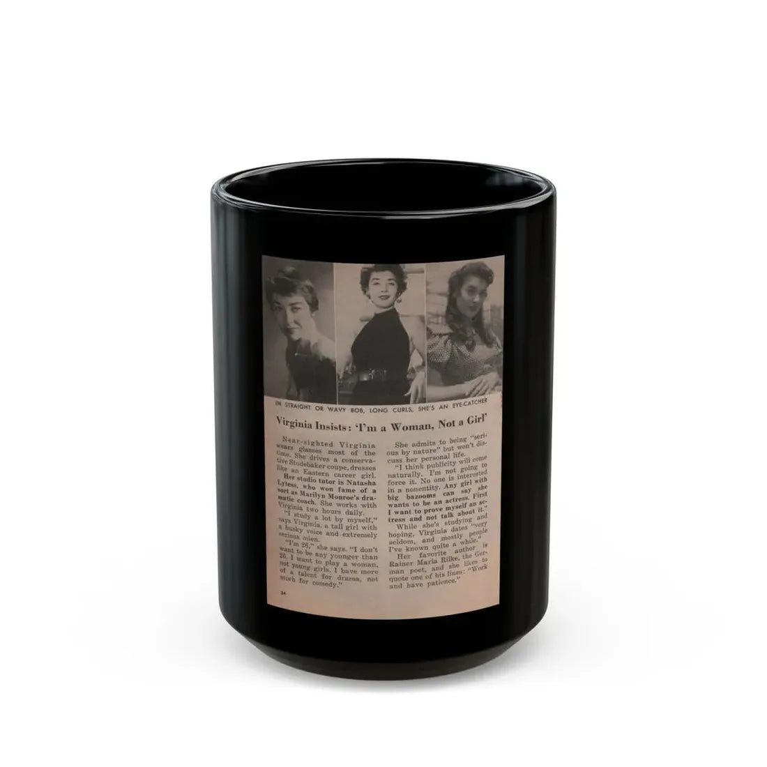 Virginia Leith #45 - People Today Pocket Mag. 2-23-55 - 3 Small B&W Photos, Caption & Article ending (Vintage Female Icon) Black Coffee Mug 15oz - Go Mug Yourself