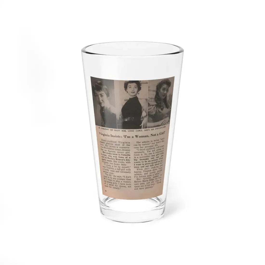 Virginia Leith #45 - People Today Pocket Mag. 2-23-55 - 3 Small B&W Photos, Caption & Article ending (Vintage Female Icon) Pint Glass 16oz 16oz - Go Mug Yourself
