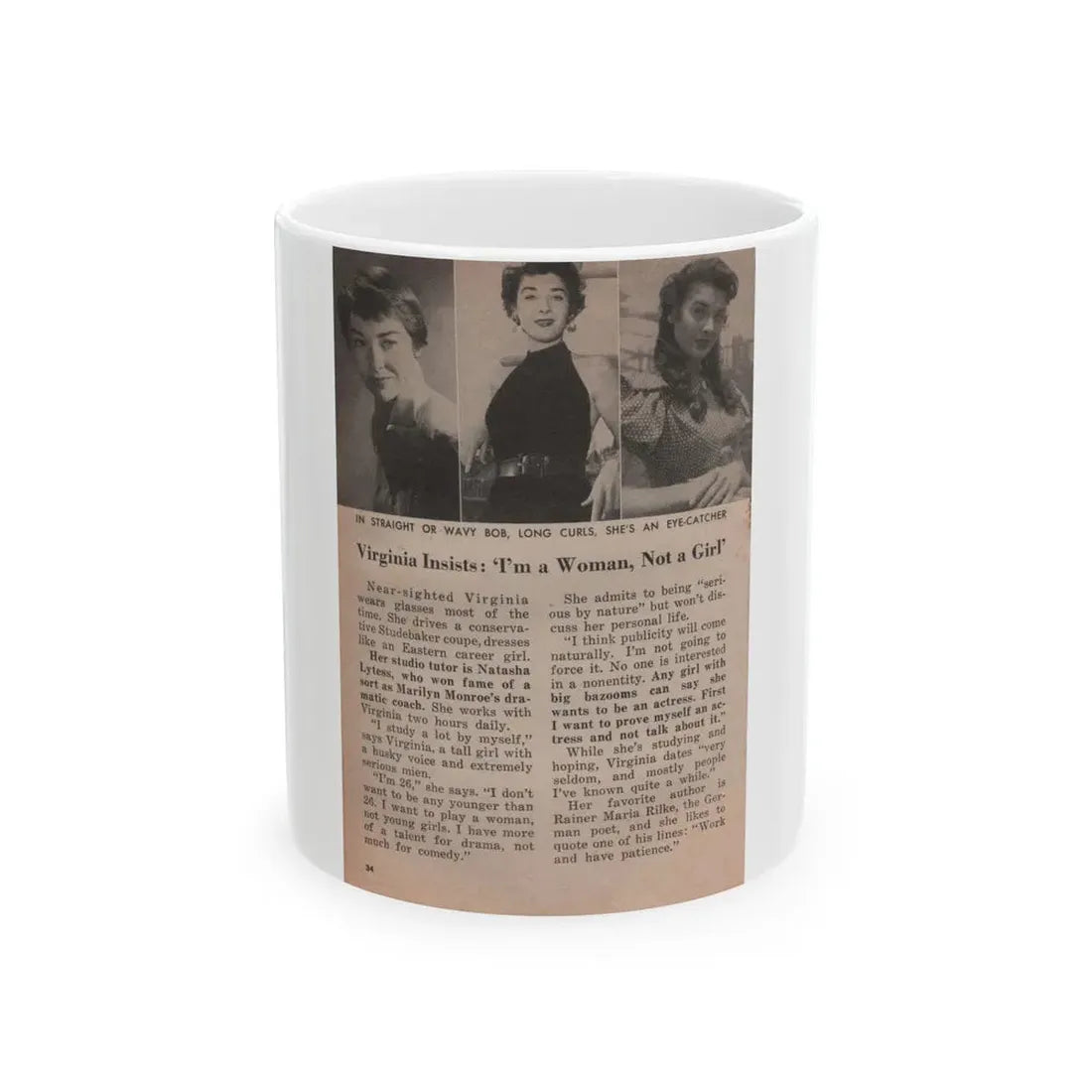Virginia Leith #45 - People Today Pocket Mag. 2-23-55 - 3 Small B&W Photos, Caption & Article ending (Vintage Female Icon) White Coffee Mug 11oz - Go Mug Yourself