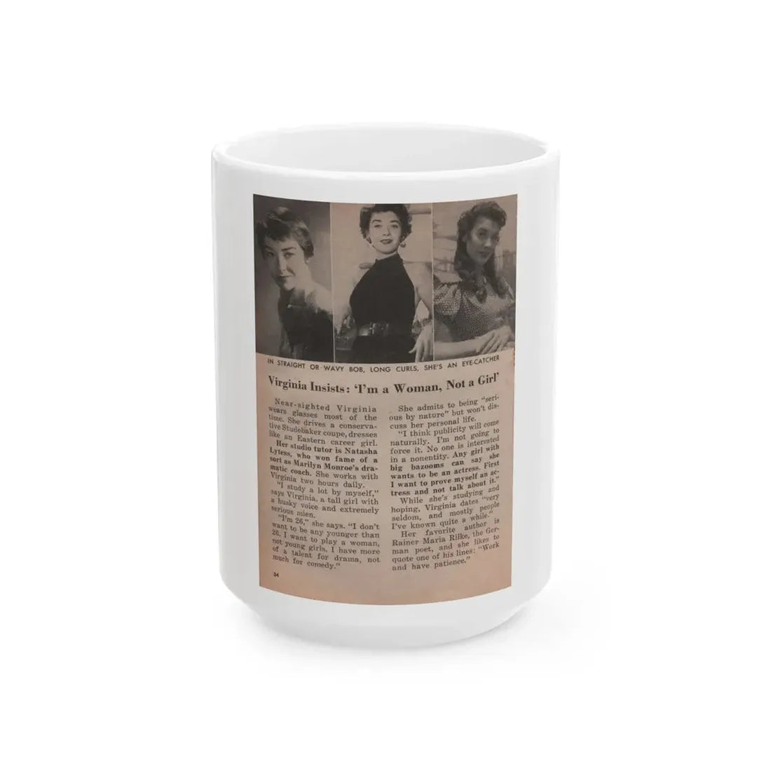 Virginia Leith #45 - People Today Pocket Mag. 2-23-55 - 3 Small B&W Photos, Caption & Article ending (Vintage Female Icon) White Coffee Mug 15oz - Go Mug Yourself
