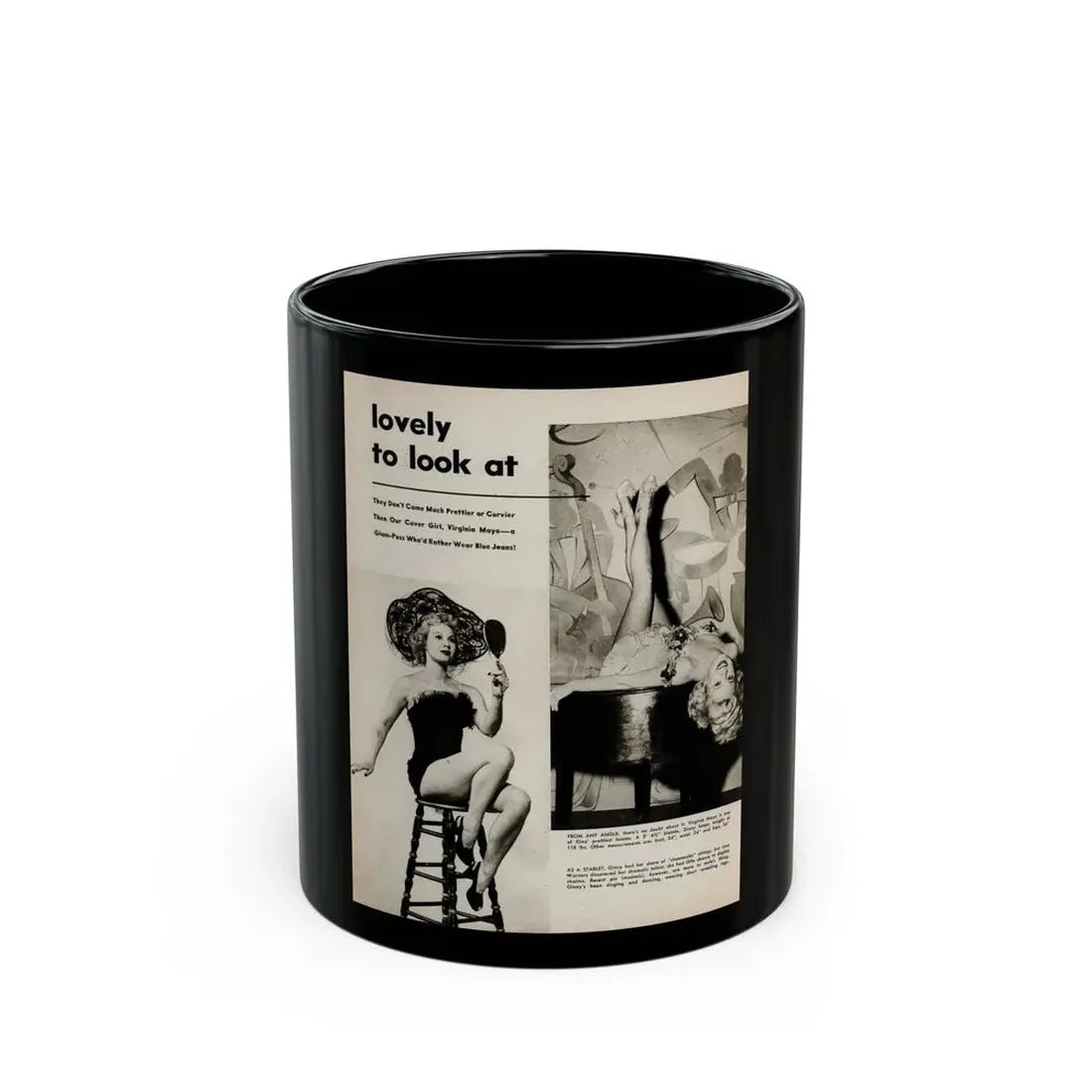 Virginia Mayo #227 - 1 Page, Medium Sized 2 B&W Photos & Captions from Movie Star Magazine Circa Late '40s (Vintage Female Icon) Black Coffee Mug 11oz - Go Mug Yourself