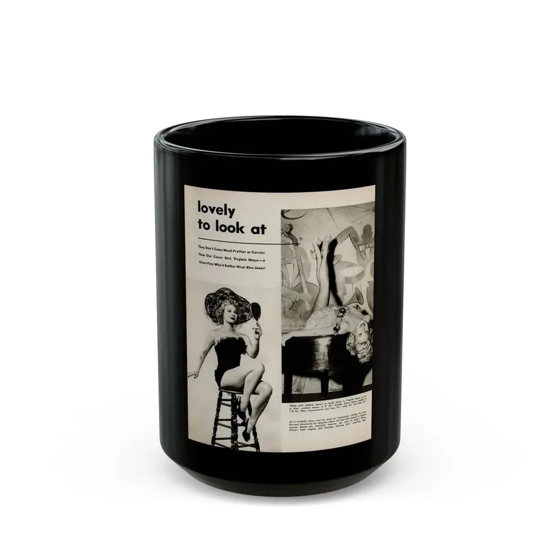 Virginia Mayo #227 - 1 Page, Medium Sized 2 B&W Photos & Captions from Movie Star Magazine Circa Late '40s (Vintage Female Icon) Black Coffee Mug 15oz - Go Mug Yourself