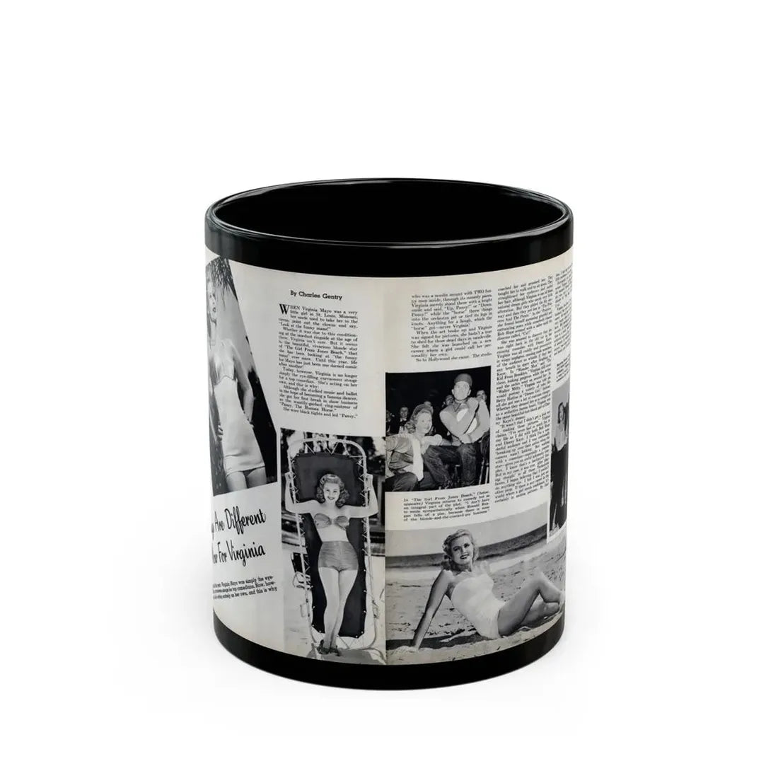 Virginia Mayo #290 - 2 Pages of Virginia+3 B&W Pin-Up Pics & 2 Candid Shots circa late 40's from a Movie Star Magazine (Vintage Female Icon) Black Coffee Mug 11oz - Go Mug Yourself