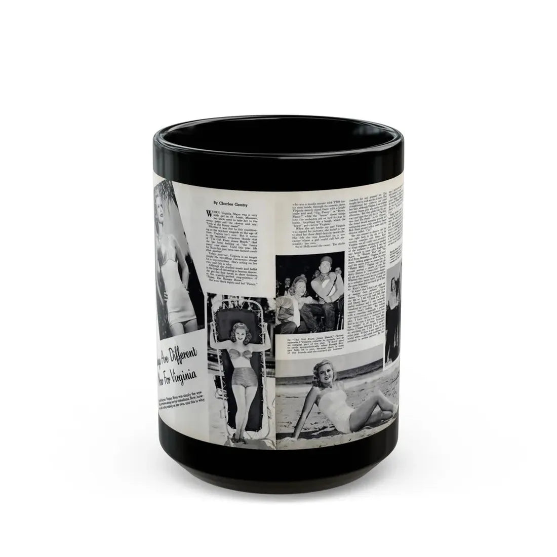 Virginia Mayo #290 - 2 Pages of Virginia+3 B&W Pin-Up Pics & 2 Candid Shots circa late 40's from a Movie Star Magazine (Vintage Female Icon) Black Coffee Mug 15oz - Go Mug Yourself