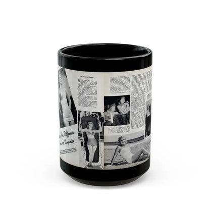 Virginia Mayo #290 - 2 Pages of Virginia+3 B&W Pin-Up Pics & 2 Candid Shots circa late 40's from a Movie Star Magazine (Vintage Female Icon) Black Coffee Mug 15oz - Go Mug Yourself